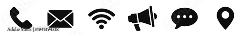 Black communication icon set with phone, envelope, wifi, megaphone, chat bubble and location pin symbols. Clean vector collection for contact, app and navigation design.