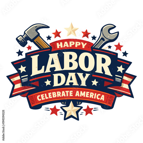 Retro Vintage Labor Day Badge Vector with Ribbon Banner and Tools