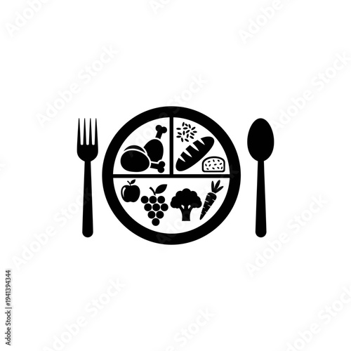 vector silhouette icon of balanced meal plate with fork and spoon representing healthy nutrition, solid black shape