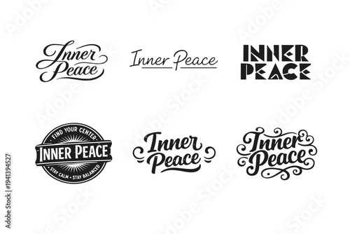 Inner Peace. Set lettering. harmonious lettering variations of the same emblematic concept, each with different artistic interpretation (Elegant script with