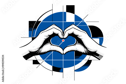 Black and white close-up of fingers touching to form a heart symbol, bold cobalt blue geometric circle intersected by sharp white linear grid, abstract