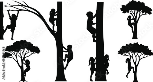 Black silhouette collection of active children climbing trees and hanging from branches during outdoor summer play in nature on white background