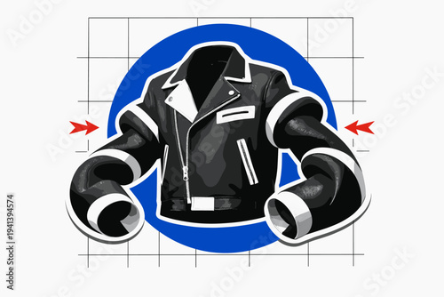 Conceptual black and white jacket floating as if sculptural, sleeves transformed into abstract curved tubes, large cobalt blue circle behind as focal point,