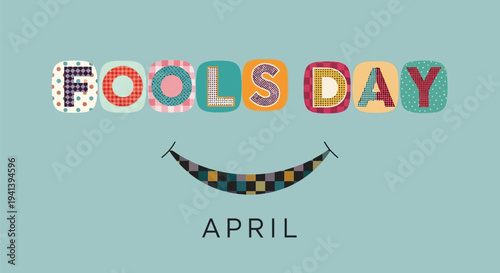 Colorful april fools day greeting with smiling face and text on blue background