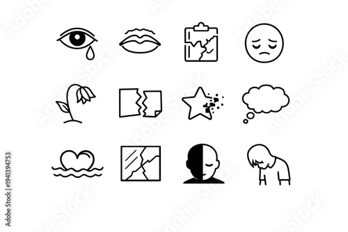 Emotional Disappointment. Line icon set of Emotional Disappointment: crying eye, trembling lip, broken expectation symbol, downward gaze face, wilted flower,