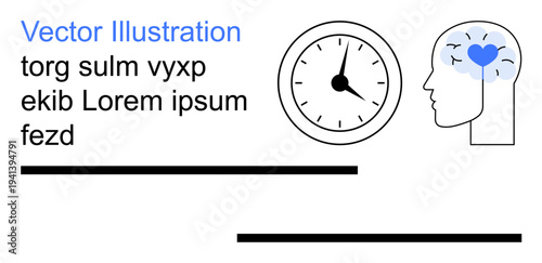 Time management, mental well-being, productivity planning, emotional balance, mindfulness, cognitive focus. A clock beside a brain with a heart symbol. Time management and mental well-being concept
