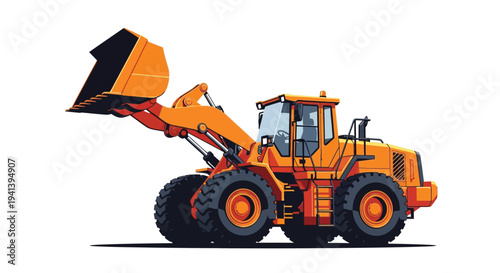 Illustration of a bright orange front end loader on a white background