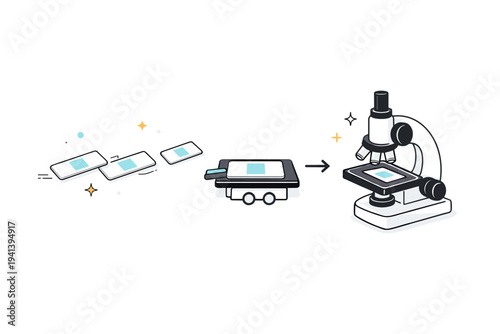 Microscopy workflow. A sequence-like scene showing slides moving toward a microscope stage. Sense of process and clarity with minimal visual cues. Minimalist