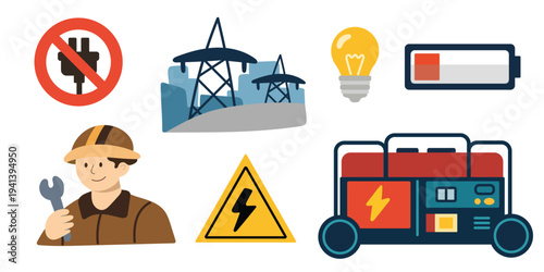 Energy blackout with fuel generator, battery, light bulb and electrician character