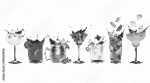 Variety of cocktail glasses depicted in a stylized halftone pattern on a white background showcasing different beverage glasses and drinks in a minimalist design.