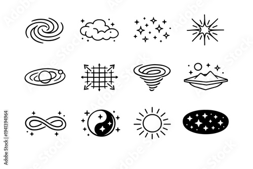 Cosmic Heavens. Line icon set of Cosmic Heavens: galaxy swirl, nebula cloud, star field, cosmic light burst, planetary orbit, universe expansion, celestial
