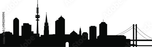 Black silhouette of Dortmund Germany city skyline featuring Florianturm tower and U-Tower building on white background for travel and graphic designBlack 