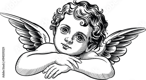 Vintage angel cherub with wings vector illustration, hand-drawn woodcut style mythological character on white background