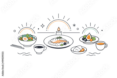 Sacred cuisine. A minimal editorial illustration of a table with thoughtfully prepared dishes, ritual-like calm and appreciation of food, abstract halos and