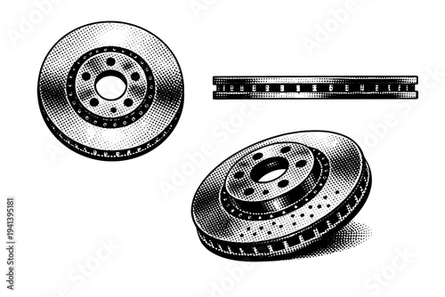 Car brake disc rotor presented in top view, side cross-section, and three-quarter angle, accurately depicting ventilation holes and structural thickness. Black