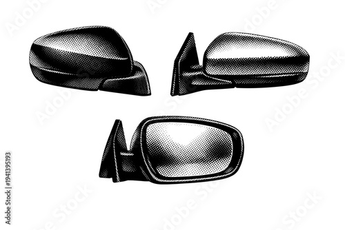 Car side mirror shown folded, extended side view, and front reflective angle, preserving realistic curvature and housing structure. Black and white dot style