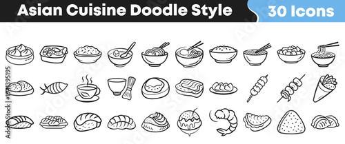 A delightful collection of thirty hand-drawn Asian cuisine doodle icons, showcasing various popular dishes and food items in a charming black and white line art style.