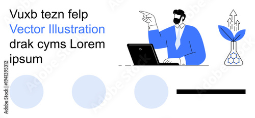 Business innovation, growth strategy, eco-friendly solutions, leadership guidance, corporate planning, technology. Professional at a desk gestures towards growth symbolism. Business innovation