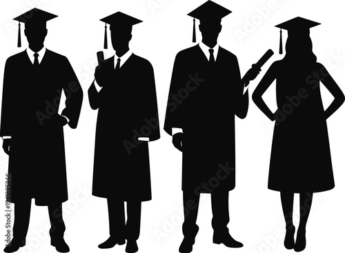 Black silhouettes of diverse university graduates wearing academic caps and gowns holding diplomas isolated on white background for graduation ceremony concept