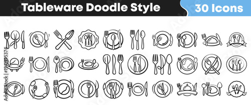 A comprehensive collection of thirty unique hand drawn doodle style icons representing various essential concepts of restaurant tableware and dining settings.