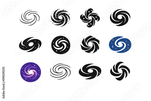 astronomical phenomena. Icon set. Set Logo of astronomical phenomena: spiral galaxy. harmonious logo variations of the same emblematic concept, each with
