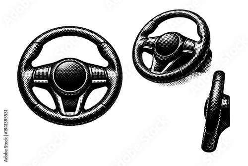 Car steering wheel displayed in frontal view, slight angled perspective, and side thickness profile, showing realistic grip contours and central hub