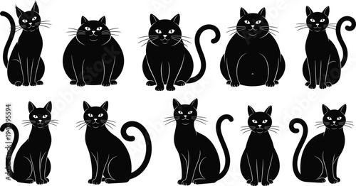 Set of ten black cat silhouettes in various poses and sizes featuring cute cartoon felines with curly tails and expressive whiskers