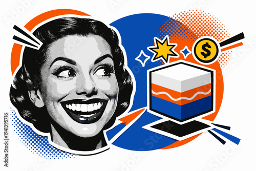 Close-up black and white face with exaggerated pop art smile, eyes looking toward a floating abstract product block, cut-out collage effect with white outline,