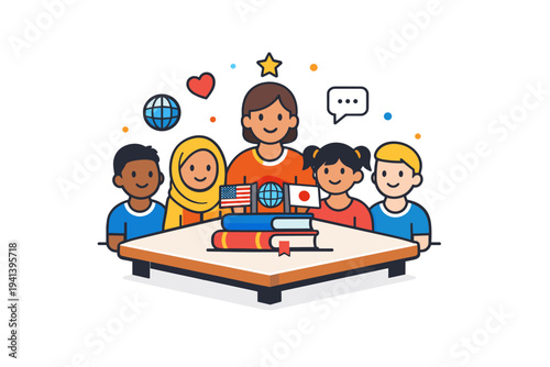International classroom collaboration bringing diverse cultures together in one shared academic space. A teacher and students gather around a table with tiny
