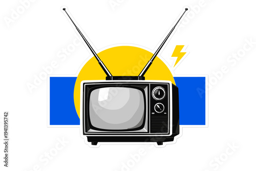 Black and white retro television set with exaggerated antenna, layered with a bright yellow semicircle and contrasting cobalt blue rectangle, small symbolic