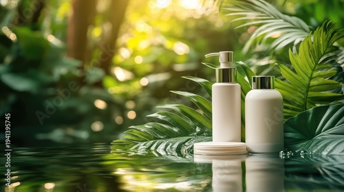 Elegant skincare product placement in a lush tropical rainforest setting