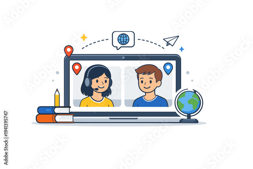 Virtual cultural exchange connecting students online through digital platforms and shared projects. A laptop screen displays two smiling participants with tiny