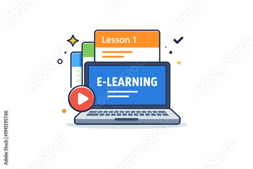 E learning course modules centered on a laptop with stacked lesson cards and a small play icon, conveying structured learning, clarity, and progress in online
