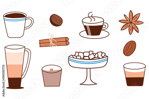 Coffee set with espresso cup, cinnamon, star anise and sugar bowl