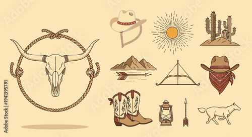 Western icons set cowboy hat skull boots bow sun and cactus elements
