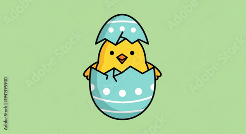 Cute yellow chick emerging from blue polka dot easter egg on green background symbolizing springtime and new life