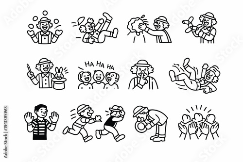 Clown Performance. Line icon set of Clown Performance: juggling act, slapstick fall, pie throw, balloon twisting, magic trick, audience laugh, comic gesture,