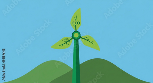 Eco friendly wind turbine with green leaves on a hill against a clear blue sky background