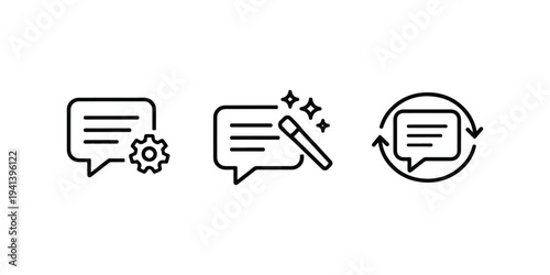 AI Prompt Optimization Icons, Prompt Engineering Chat Bubble Symbols, Prompt Editing and Iteration Line Vector Icons
