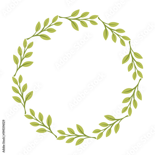 Simple green leaf wreath with botanical round border and foliage branch