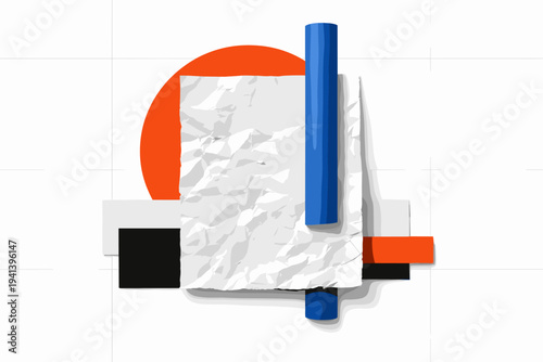 Single black and white wrinkled paper mockup centered with realistic tactile texture, bold orange circle partially cropped behind it, blue