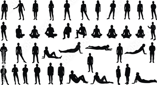 Collection of People Silhouettes in Various Poses Including Standing Sitting Walking Yoga and Relaxing Positions Isolated on White Background Vector