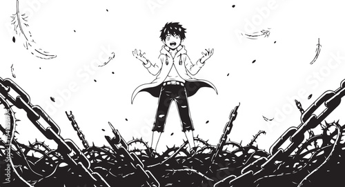 Black and white manga style illustration of a young man standing in thorns