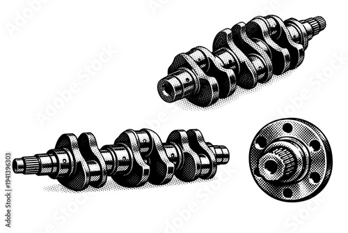Crankshaft presented in side view, angled perspective, and end view, clearly defining counterweights, crank pins, and shaft geometry with realistic mechanical