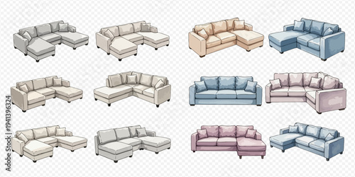 Collection of various comfortable sectional sofas and couches with chaise lounges in different colors and styles, isolated on a transparent background for interior design concepts.