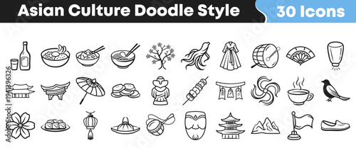 Collection of thirty hand drawn black and white doodle style icons representing various elements of traditional Asian culture and cuisine.