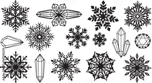 Black and white snowflakes with crystals on white background