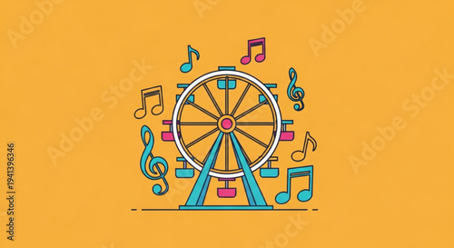 Vibrant ferris wheel with colorful music notes on orange background symbolizing fun and joy at an amusement park or carnival with lively atmosphere and entertainment