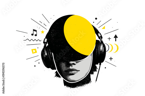 A surreal music listening scene with a black and white human face partially obscured by a large abstract circle symbolizing sound immersion, retro photographic