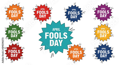 Colorful april fools day stickers with starburst shapes and text on white background for pranks and jokes